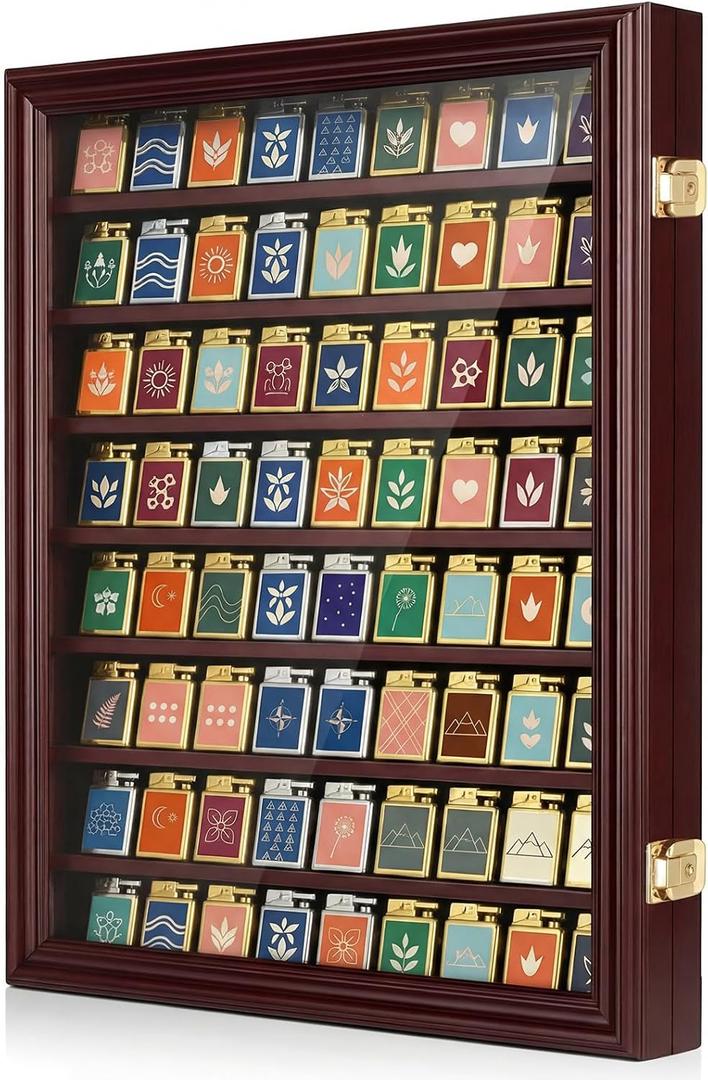Silipull 80 Lighter Display Case Wall Mount Display Case for Lighter Detachable Wooden Cabinet W/98% UV Acrylic Door Lockable Spoon Storage Box for Collection, 22.44 x 16.93 x 1.97 Inch, Cherry Finish