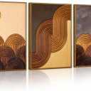 Tinonedraw Boho Mountain Framed Canvas Wall Art Set, Mid Century Modern Geometric Line Wall Decor, Bohemian Sun and Moon Art Paintings, Beige Brown Wooden Artwork for Living Room Bedroom Office 16"x24"x3