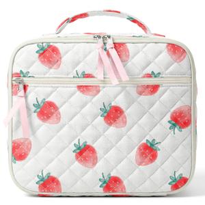 WOBAGMEN Cotton Quilted Lunch Box for Women Girls, Strawberry Insulated Lunch Bag for Teens, Cute Aesthetic Lunch Tote Bag for School Work Picnic Travel (Strawberry, M)