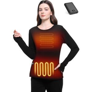 FERNIDA Women Heated Shirt with Battery Pack 7.4V Electric Heating Thermal Top Fleece Lined Heated Base Layer with Thumb Hole (Small, All Black)