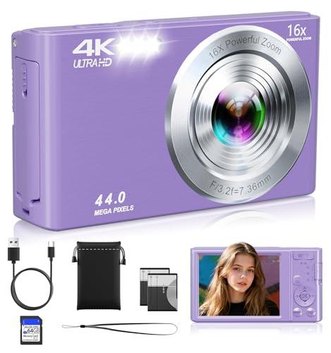 Digital Camera, 2026 Upgraded FHD 4K Camera Digital with 16X Zoom, Small Portable Camera with 64GB Memory Card 2 Batteries, Compact Travel Digital Camera for Beginners Students Boys Girls