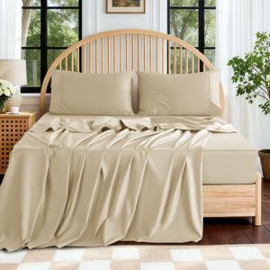 SONORO KATE 100% Egyptian Cotton Sheets Queen Size - 600 Thread Count, Luxury Hotel Sateen Weave Bedding Set, Soft Breathable Sheet Sets, 16" Deep Pocket - 4 PC(Beige,Queen)