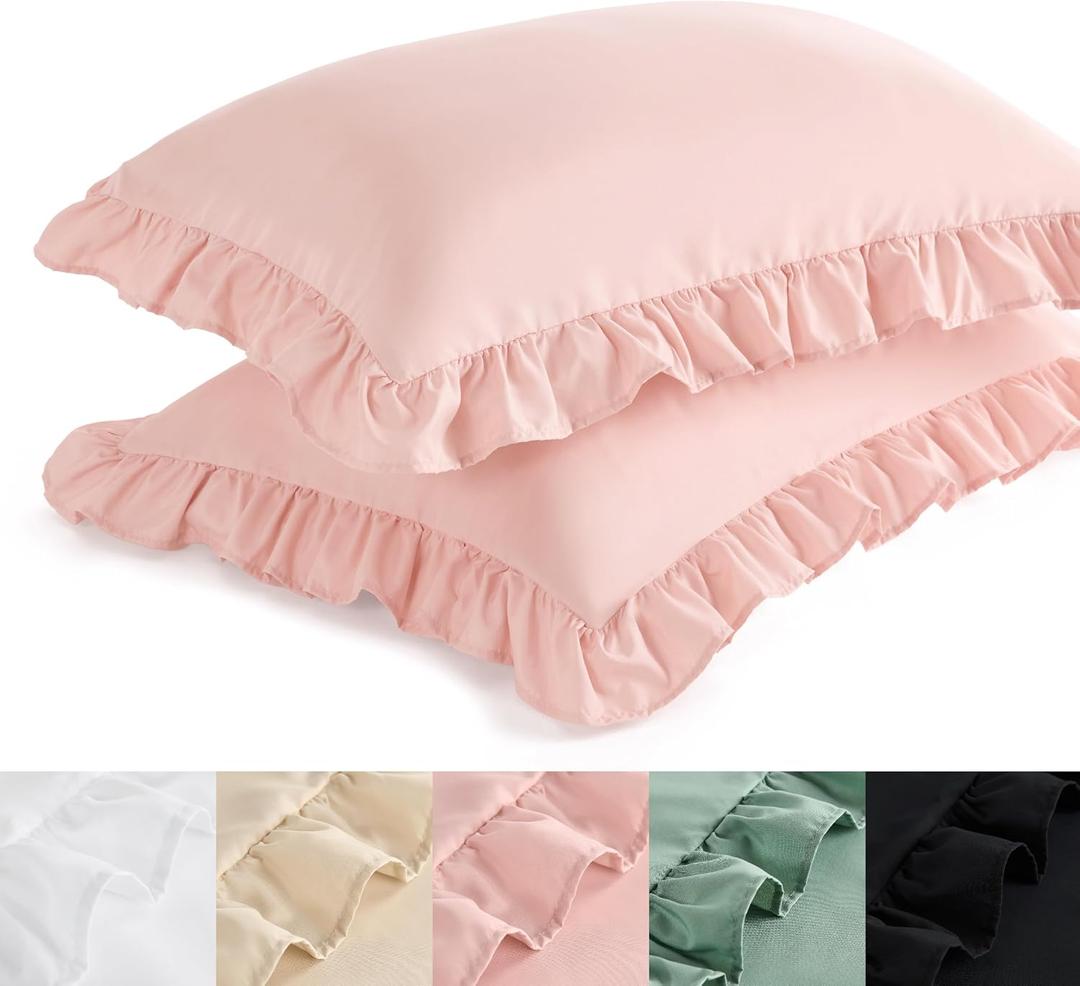 Bedsure Ruffle Pillow Cases Queen Size Set of 2, Blush Pink Ruffled Pillow Shams, Double Brushed Microfiber Ruffled Pillow Covers with Envelope Closure, 20" x 30"