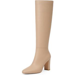 Modatope Knee High Boots for Women Chunky Heel Rounded Toe Womens Tall Boots (Beige)