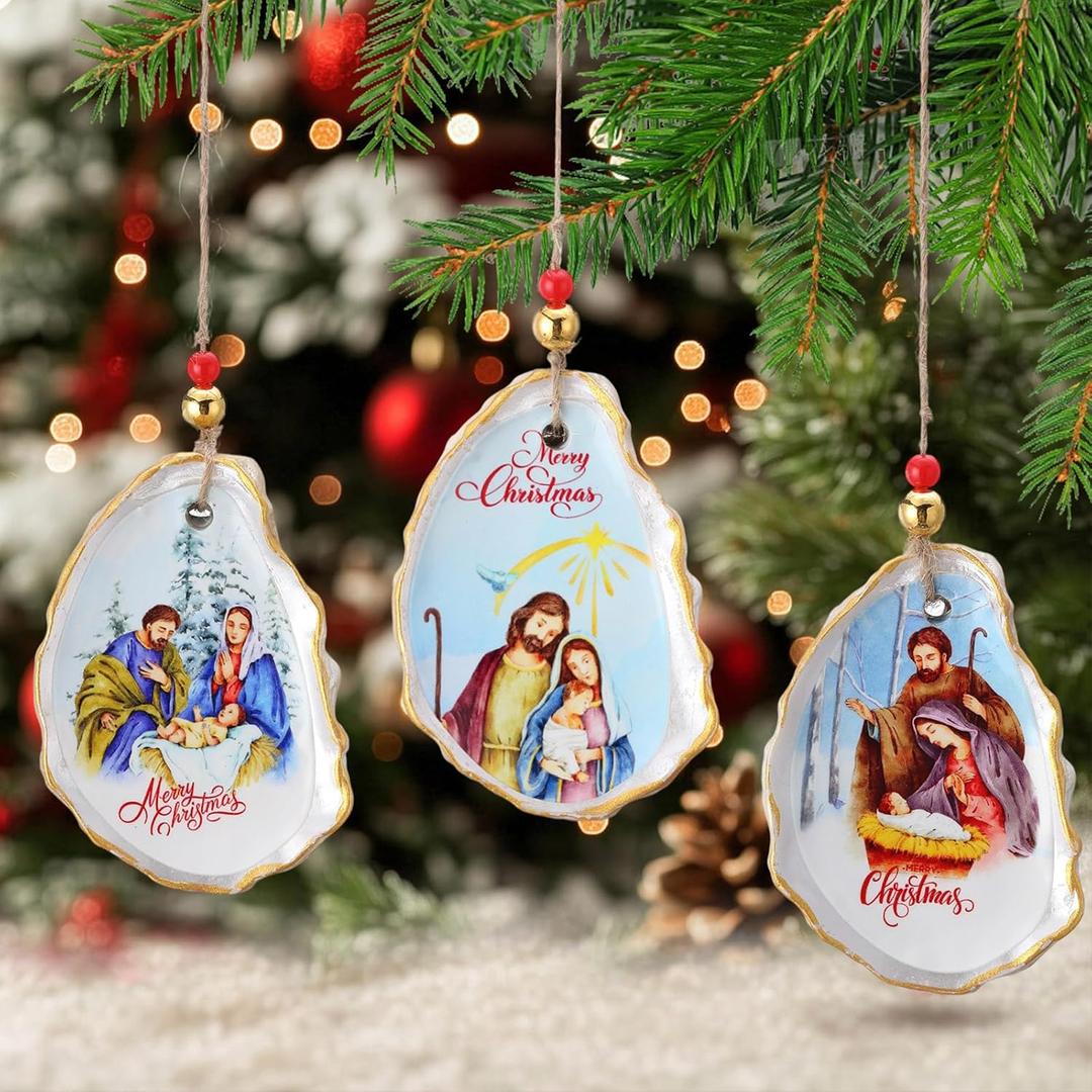 Amyhill 3 Pcs Nativity Scene Oyster Shell Christmas Ornament Natural Flat Oyster Shells Religious Ornament with Jute Rope for Home Hanging Decor, DIY and Crafts Tree Home Office Gift