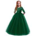IBTOM CASTLE Girls Embroidery Tulle Lace Bridesmaid Dress Long A Line Wedding Pageant Dresses Birthday Party Formal Dance Evening Gown Dark Green 5-6 Years, Size 130