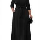 FANDEE Maxi Dress for Women, Casual V Neck 3/4 Sleeve Long Dresses with Pockets Black 3XL
