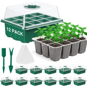 12 Pack Seed Starter Tray Seed Starter Kit (144 Cells Total Tray) with Humidity Adjustable Dome, for Seeds Growing Starting Plant Germination Trays, Mini Green House Germination Trays.