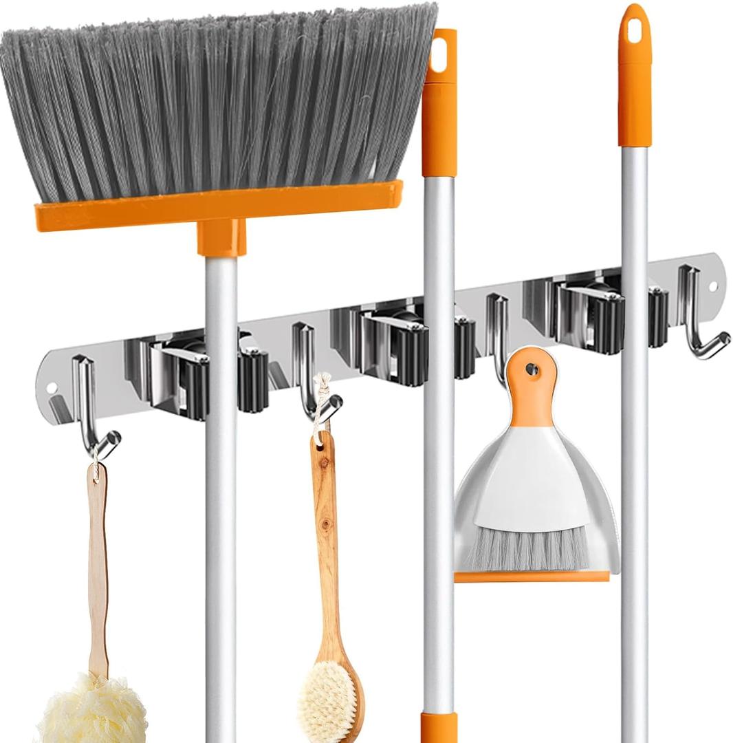 ZONGOOL Mop Broom Holder Wall Mount, Broom Organizer Mop and Broom Storage Tool Racks Stainless Steel Wall Hanger for Home Kitchen Garden Laundry Garage (3 Racks with 4 Hooks, Silver)