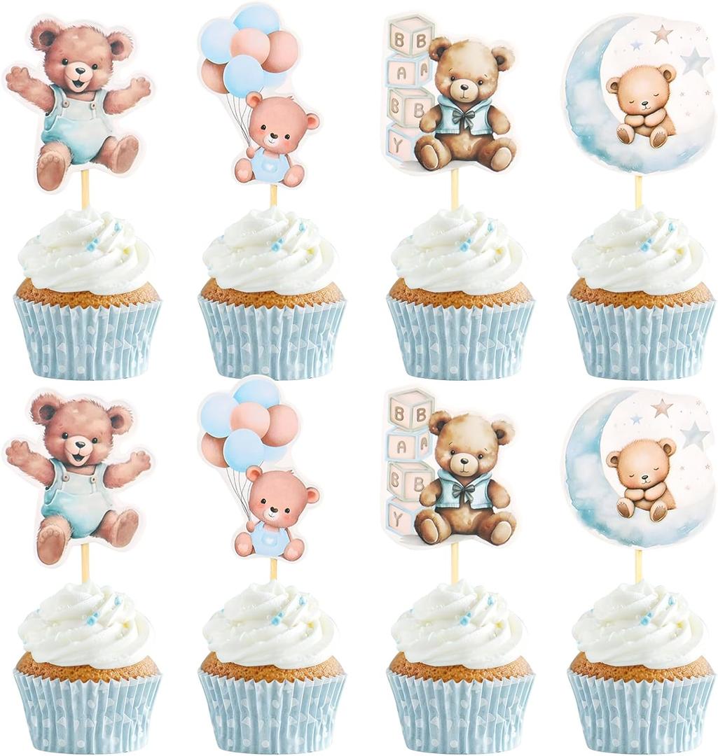24 PCS Blue Bear Cake Toppers We Can Bearly Wait Cupcake Toppers for Teddy Bear Themed Birthday Party Gender Reveal Cake Decorations Party Supplies Pastries Desserts Decor
