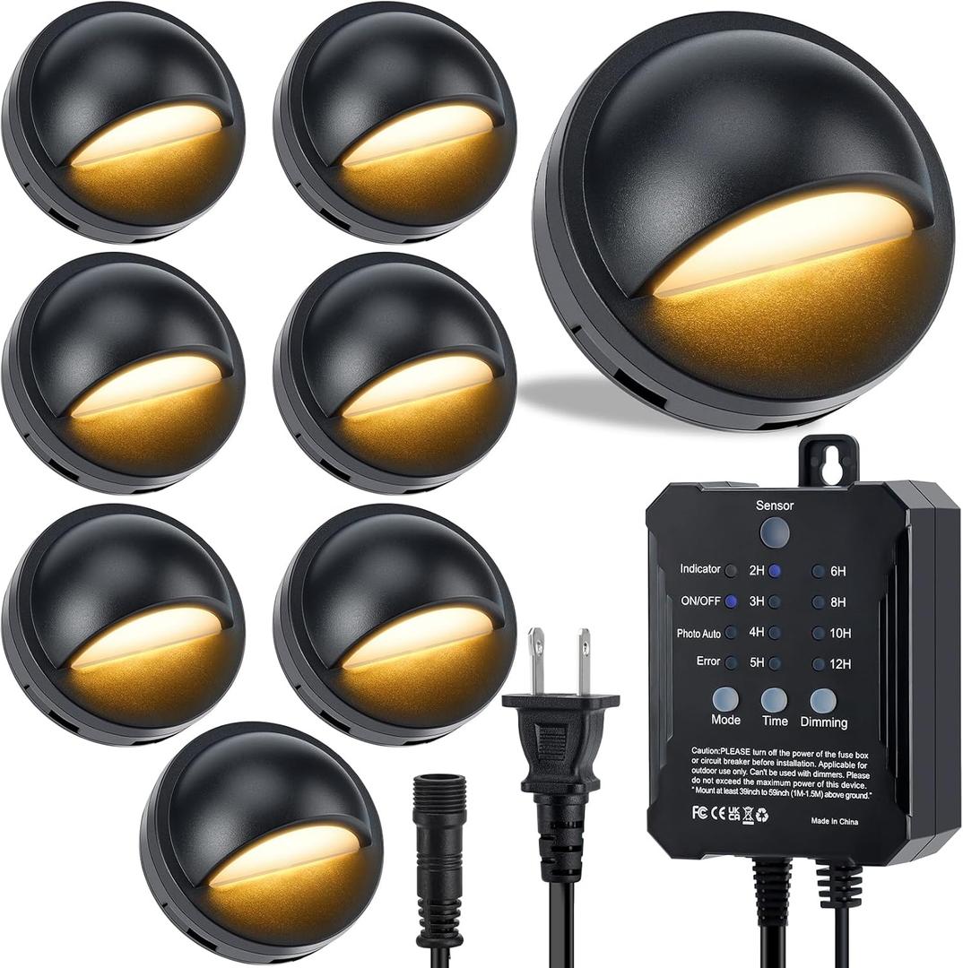 Low Voltage LED Deck Lights kit with Transformer Timer and Photocell Sensor, IP67 Waterproof Fence Lights, Warm White Deck Lighting for Outdoor Walkway Stair post Railing, UL-Listed Cord 8Pack