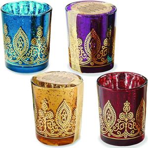 Kate Aspen Indian Jewel Henna Glass, Tealight Candle Holders Votives, Set of 4