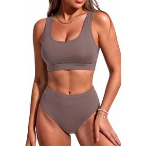 Tempt Me Women Sporty Bikini Set Two Piece High Waisted Swimsuit Athletic Scoop Neck Bathing Suit (M)
