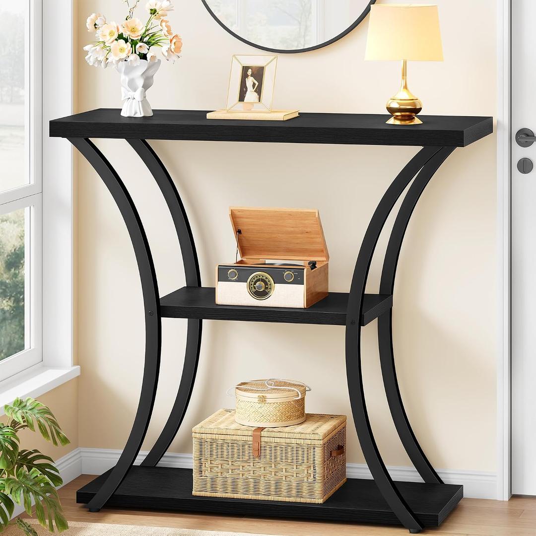Hoctieon 3 Tier Console Table with Open Wood Shelves, Decorative Entryway Table with Curved Metal Frames, Narrow Sofa Table for Entrance, Living Room, Hallway, Black