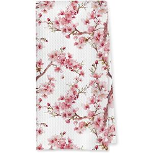 Pink Cherry Blossom Floral Kitchen Dish Towels, Cottagecore Spring Cherry Flower Tree Botanical Decorative Hand Tea Towels for Kitchen Bathroom, 16x24 Inch