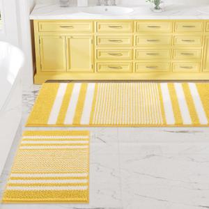 Bathroom Rugs Set 2 Piece, Extra Soft and Absorbent Fluffy Striped Chenille Bath Mat Rug Set, Non Slip Bathroom Floor Mat, Machine Washable (21" x 47" Plus 17" x 25", Yellow)