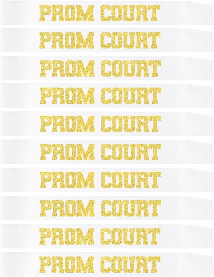 10 Pcs Prom Court Sashes 2026 White with Gold Glitter Letter for School Cosplay Pageants Prom Party Dance Graduation Party Favors (White + Gold)