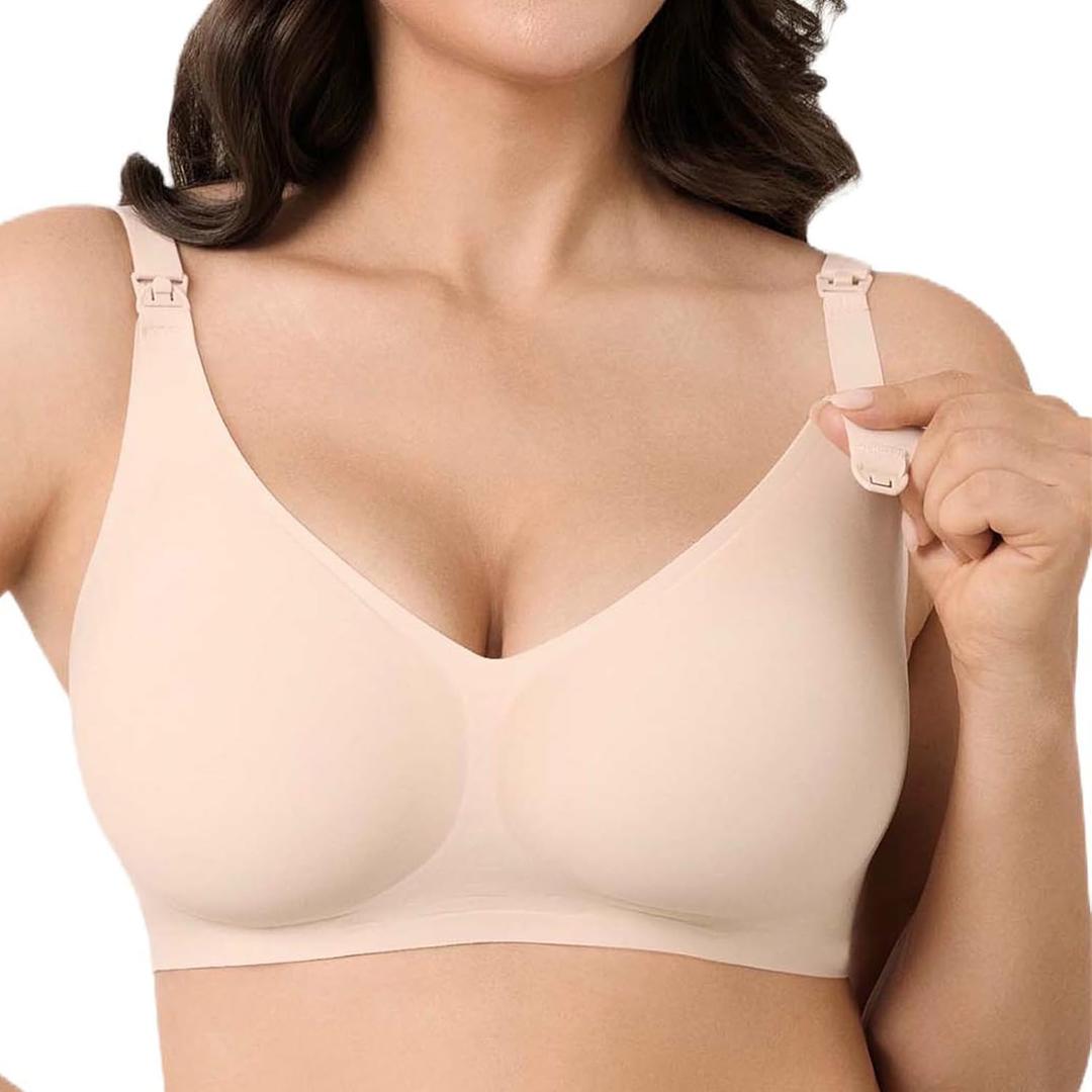 Wireless Hands-Free Pumping Bra, Adjustable with Extendable Straps and Hook Extender, Comfort Sleep Pumping & Nursing Bra (Beige, XXXL)
