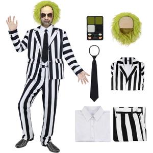 7 Pcs Horror Movie Costume Men Black and White Striped Suit Adult Horror Comedy Character Cosplay Outfit with Wig (Large)