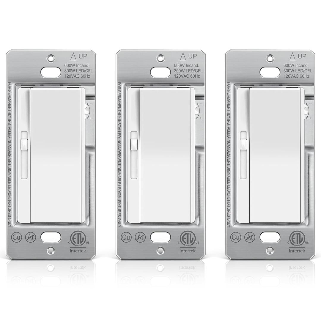BESTTEN 3 Pack Slide Dimmer Light Switch, Quiet Rocker, Super Slim Single Pole or 3 Way Dimmable Switch, Max 300W LED, CFL, 600W Incandescent, ETL Listed, White