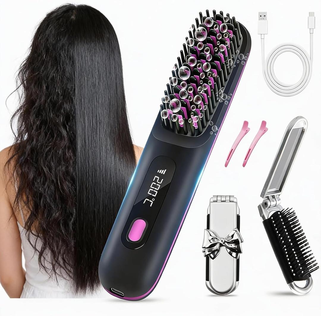 Cordless Hair Straightener Brush, Rechargeable Hot Comb Hair Straightener with 3 Temp Settings, Anti-Scald Portable Hair Straightening Brush with 300 Million Negative Ions for Home Travel