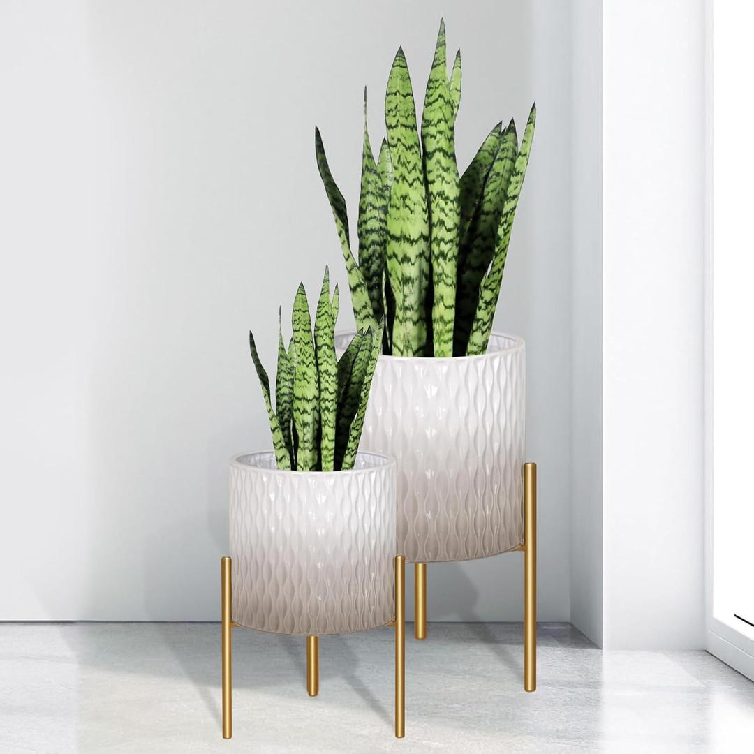 ARNIS Plants Pots with Stand, Set of 2 Indoor Planter Pots, Unique Mid Century Decorative Metal Flower Pots with Drainage,8.25 & 10.5 Inch, Grey and White