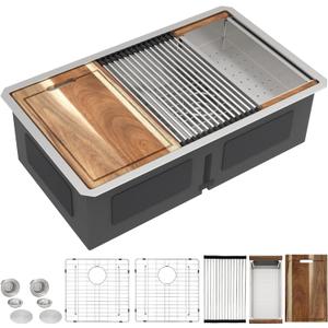 33"x19" Undermount Double Bowl Kitchen Sink Workstation