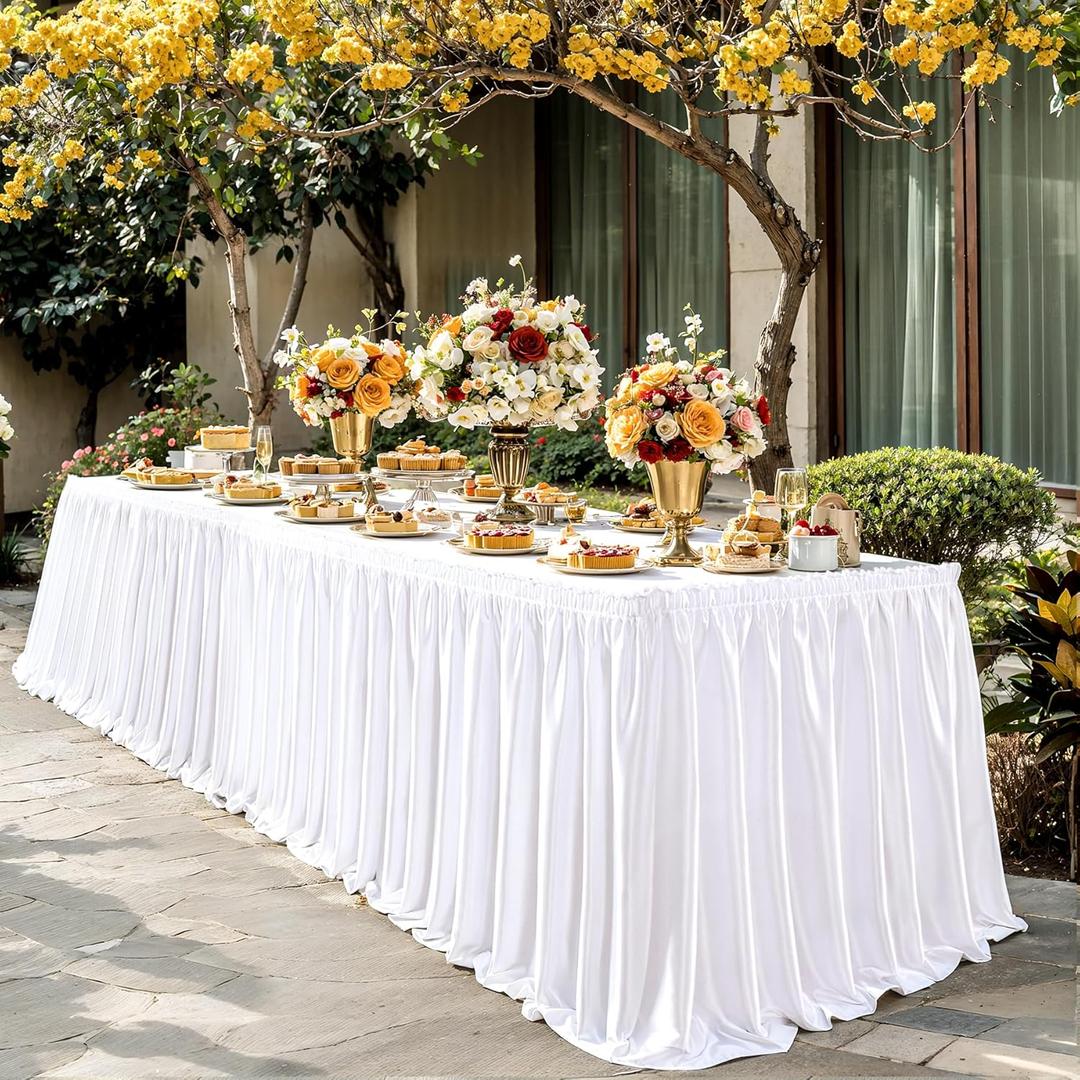 6ft Length Glitter White Table Skirt Rectangle Tables, Wrinkle Free Pleated Ruffle Satin Table Cloth Desk Skirting for Weddings Birthday Party Stage Banquet Dining Table Decorations