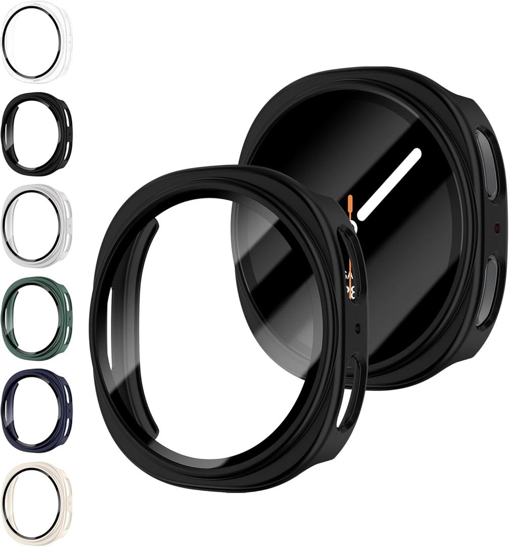 6 Pack Case With Tempered Glass for Samsung Galaxy Watch 8 Screen Protector 44mm Men Women,Hard PC Overall Protection Anti-Slip Scratch-Resistant Cover for Samsung Galaxy Watch 8 Case 44mm Accessories (01-Transparent/Black/Silver/Green/Blue/Starlight)