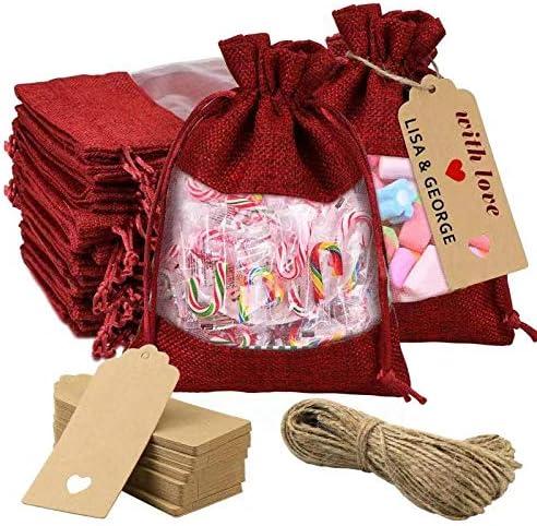 GIOIPC 50Pcs 5 x 7 Inch Linen Burlap Sheer Bags with Drawstring and Bonus Gift Tags for Wedding Birthday Bag,Craft Bags,Cosmetic Samples (1 Count (Pack of 50))