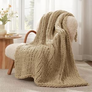 Amélie Home Chunky Knit Throw Blanket for Couch, Soft Chenille Handmade Crochet Throw Rope Knot Blanket for Couch, 50"x60", Beige