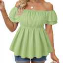 Women's Off Shoulder Boho Floral Blouse Short Sleeve Flowy Dressy Casual Top (Green, M)