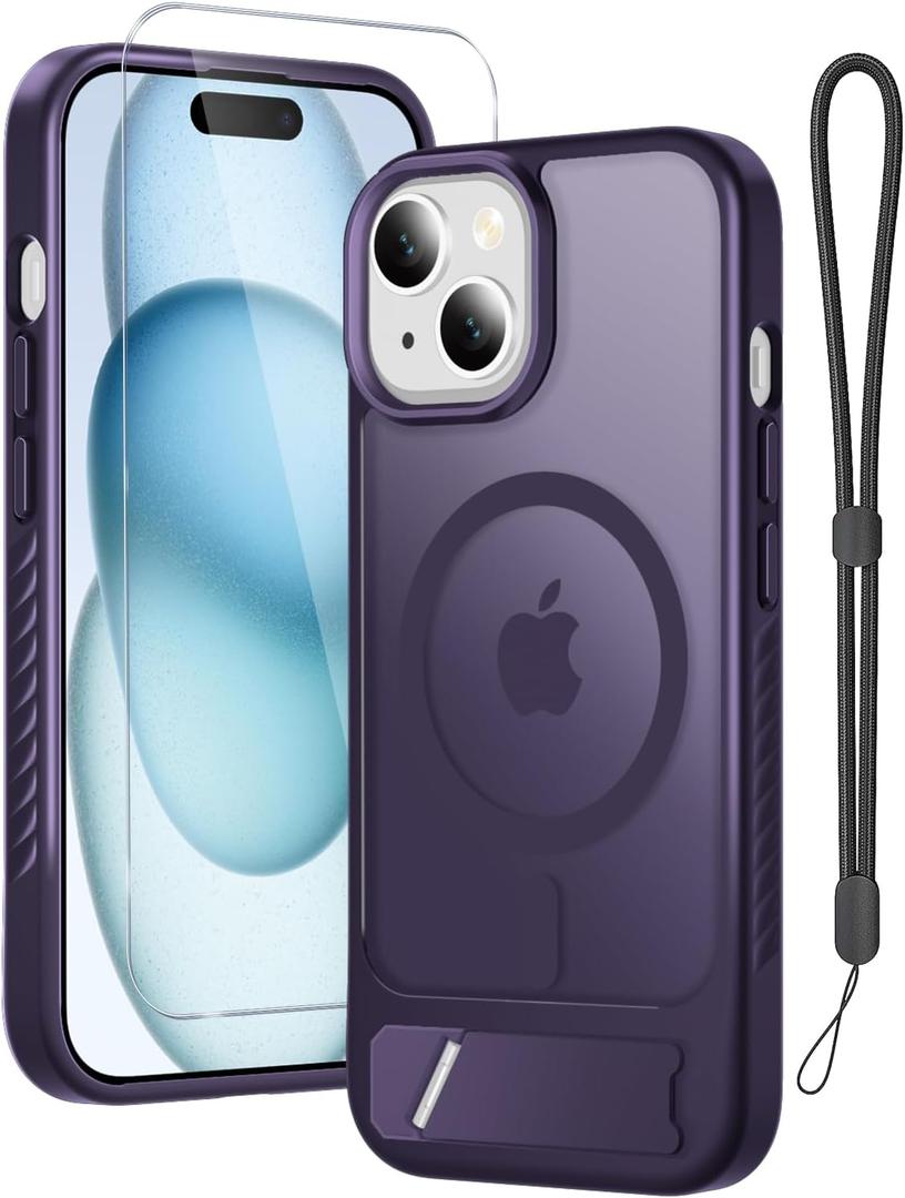 RMOCR for iPhone 15 Case & iPhone 14 Case with Screen Protector+Lanyard Wrist Strap,Magnetic Translucent Matte Rugged Slim Phone Cover Built in Invisible Kickstand Fit for MagSafe,Purple