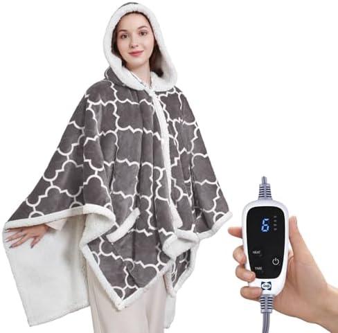 Sealy Wearable Heated Throw Blanket, Flannel & Sherpa Electric Throw Shawl Poncho with Hoodie & Pocket, 6 Heating Levels & 2-10 Hours Auto Shut Off, Machine Washable, 50x60 Inch, Grey