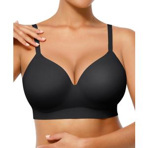 FeelinGirl Wireless Supportive Bra for Women, Seamless Comfort Bralettes No Underwire Full Coverage Everyday Bras (Large, Black)