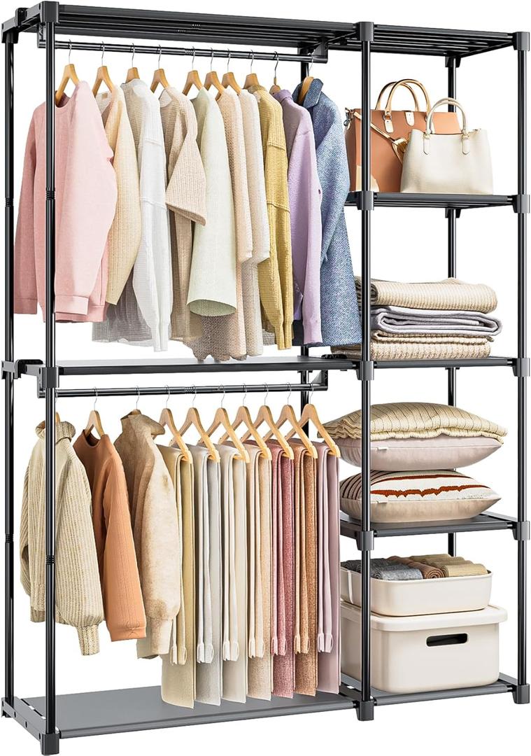 Portable Closet, Freestanding Wardrobe Closet Organizers and Storage, Open Clothing Racks for Hanging Clothes with 4 Shelves and 2 Hanging Rods47.8x15.8x63.4 Inches