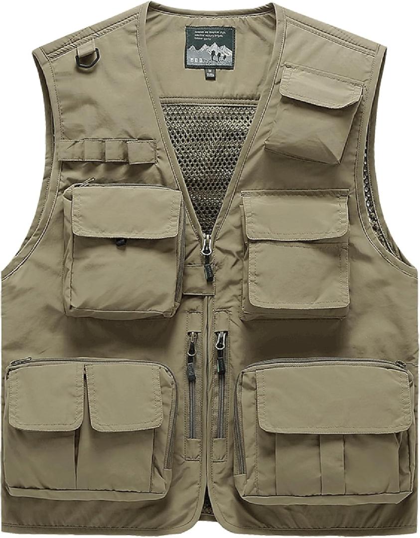 Saukiee Mens Vest Lightweight Vest Men Fishing Travel Work Pesca Safari Combat Hunting Cargo Vest Jacket with Pockets M (Large, Khaki)