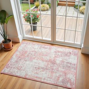 Pink Washable Small Area Rug, 2x3 Abstract Non-Slip Door Mat, Modern Low Pile Indoor Entryway Rugs, Stain Resistant Throw Carpet for Front Door, Kitchen, Entry, Inside Entrance