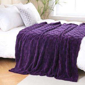Linecooo Deep Purple Fleece Throw Blanket 60”×80” for Couch Sofa Bed, Super Soft Cozy Plush Microfiber Flannel Blanket with 3D Checkered Design Lightweight for Adults, Woman, G