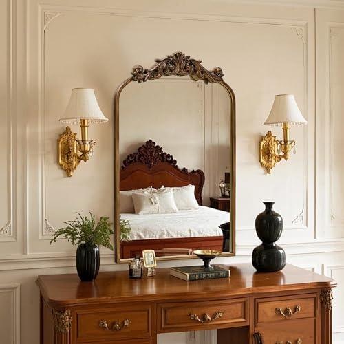 31''x19'' Vintage Mirror with Ornate Baroque Metal Frame, Arched Art Carved Antique Mirror for Vanity, Bathroom, Living Room, Fireplace, Entryway (Antique Bronze)