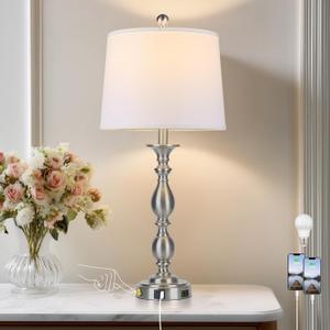 28" Tall Modern Table Lamp with USB A+C Ports and AC Outlet, 3 Way Touch Metal Bedside Lamps for Bedroom, Silver Farmhouse Nightstand Lamps for Living Room
