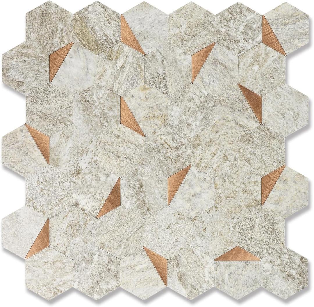 10 Sheets Sandstone Beige Hexagon Peel and Stick Backsplash for Kitchen Wall, Heat Resistant Stick on Backsplash PVC Smart Tiles, Waterproof Peel and Stick Wall Tiles for Bathroom