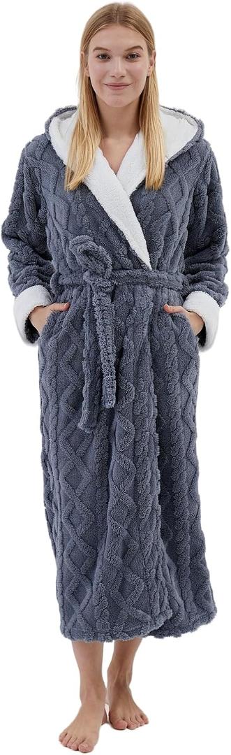 Long Robes with Hood for Women,Plush Fleece Hooded Robes for Women Winter Warm Housecoat (Large, Grey)