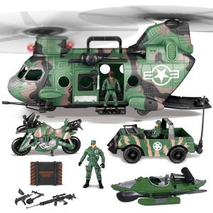 JOYIN 10-in-1 Military Helicopter Toys Set with Light, Sound, Trucks, Boat, Bike, Army Men, Weapons - Christmas Birthday Party Gifts for Kids