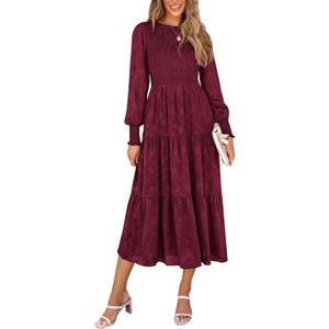 PRETTYGARDEN Women's Fall Spring Midi Dress Long Sleeve Floral Smocked Elegant Wedding Guest Long Flowy Dresses with Pockets (X-Large, Wine Red)