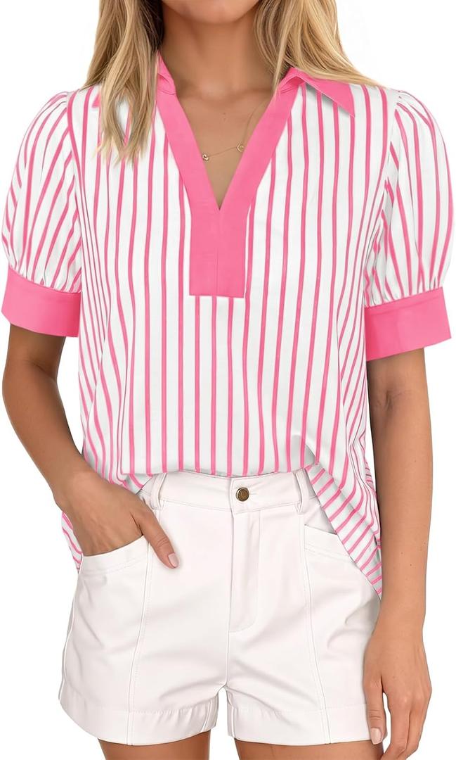 Tankaneo Womens Short Puff Sleeve Tops Summer Color Block Blouses Shirts (M)