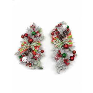 Christmas decorative arrangement with frosted pine branches, pinecones, red berries, ornaments, and a festive red & green bow. ( Pack of 2)