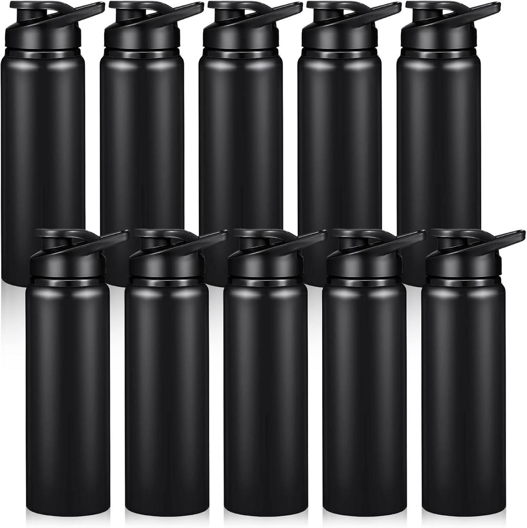 CHENGU 10 Pcs Aluminum Water Bottle 24oz Aluminum Reusable Bottles Lightweight Snap Lid Sports Water Multipack Easy Carry Leak Proof Travel for Gym Camping Hiking Outdoor Fishing (Black)