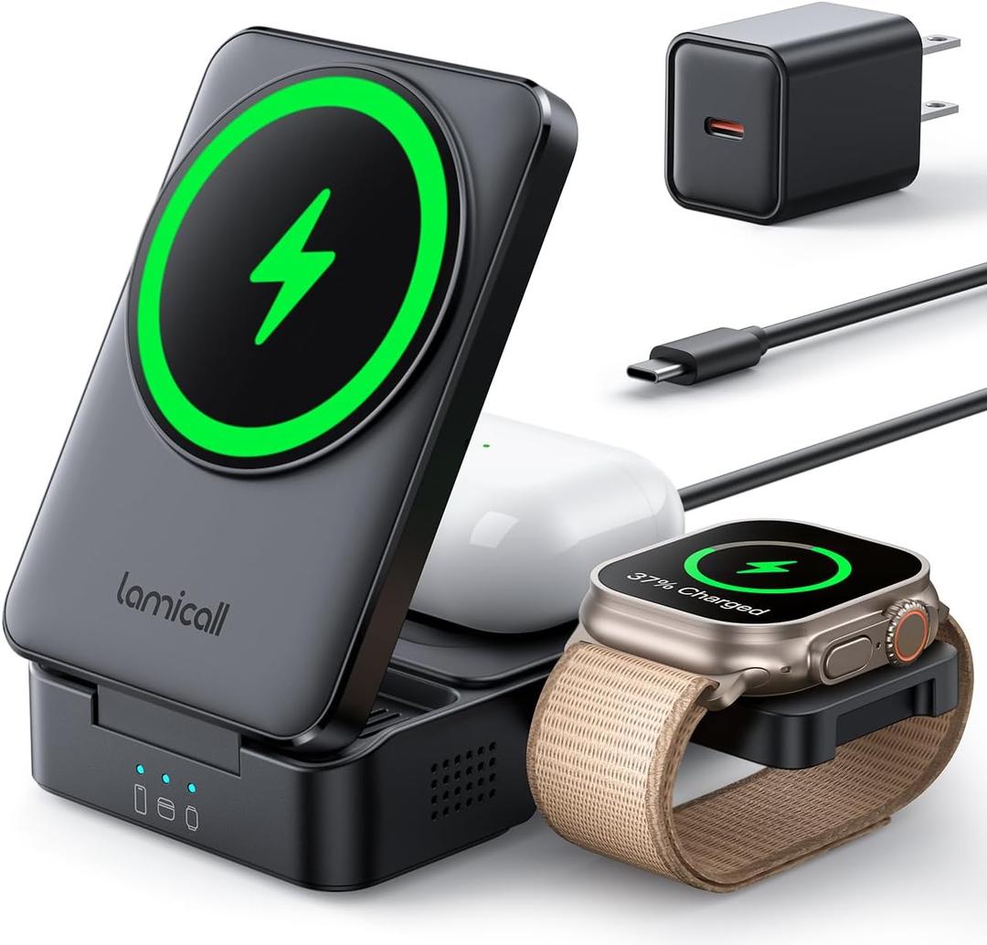 Lamicall Travel 3 in 1 Wireless Charging Station for Apple MagSafe, [Upgraded Cooling] Foldable Magnetic Charger Stand for iPhone 17 16 15 14 13 Pro Max, AirPods, Apple Watch (Adapter Included)