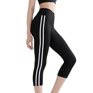 Women's Stripes 3/ 4 Tight High Waist Yoga Leggings - Premium Soft Workout Stretch Pants (US, Alpha, Medium, Regular, Regular, Black)